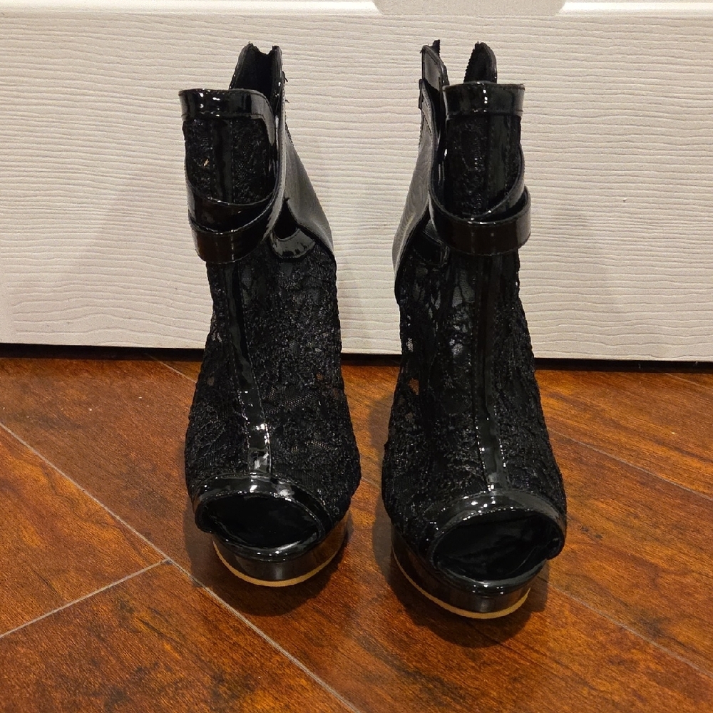 Black Lace Peep-Toe High Heel Booties with Gold Buckle - Picture 5 of 9